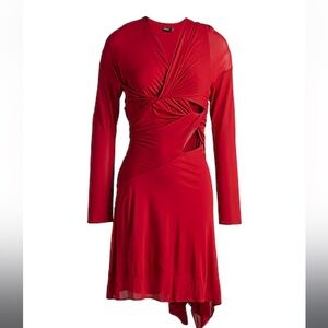 Atlein Plisse Effect Red Long Sleeve V-Neck Layered Wrap Dress sz 2 NWT
